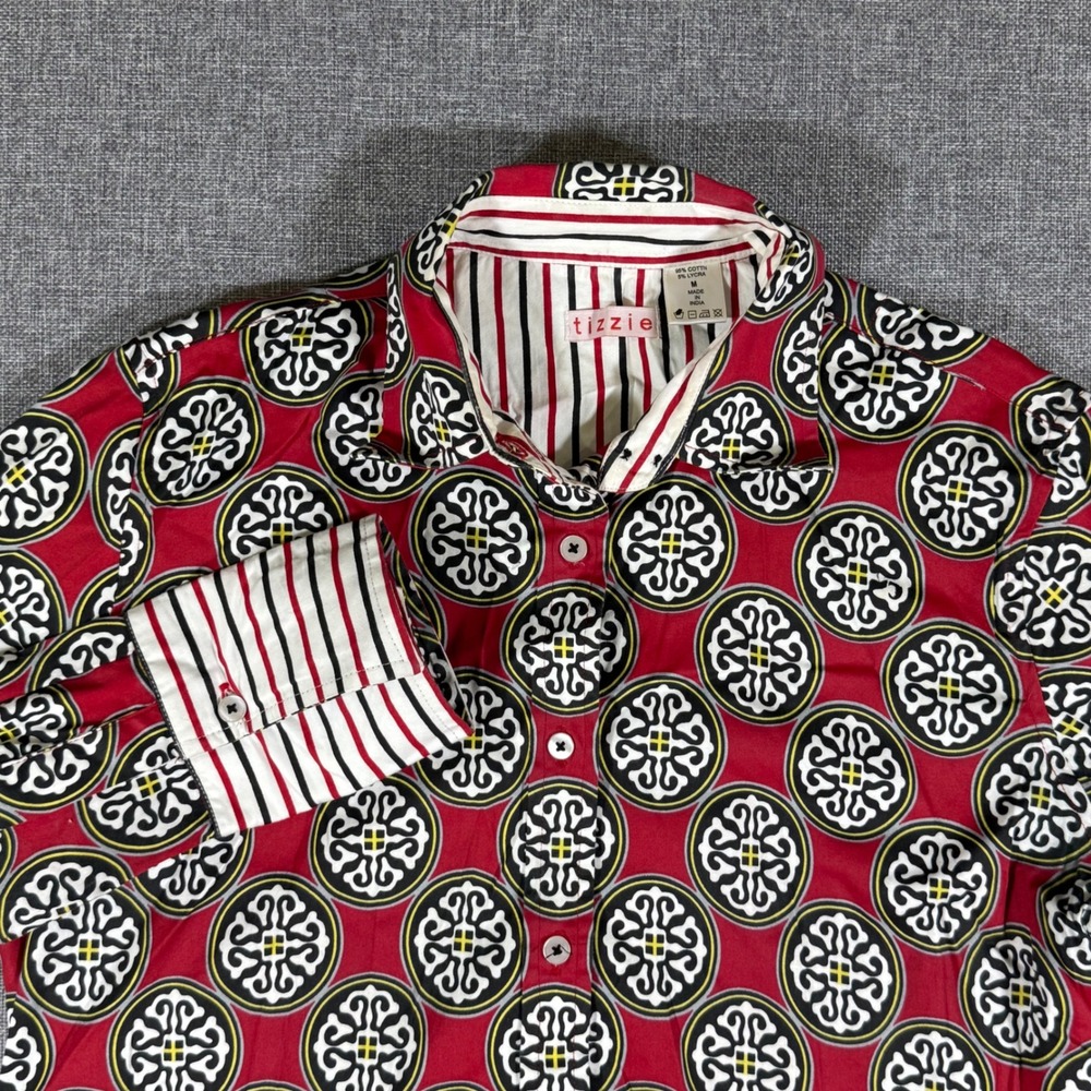 VTG Tizzie Button Down Shirt Womens M Red Geometric Medallion Mixed Print Boho